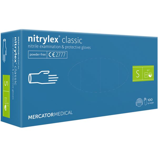 Nepudrované nitrilové zdravotnické rukavice - Mercator Nitrylex classic blue S, 100 ks